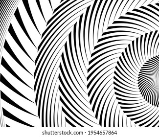  Abstract rotated white lines in circle form on black background. Geometric art. Design element. Digital image with a psychedelic stripes. Vector illustration