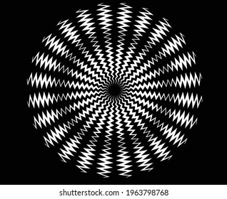  Abstract rotated white lines in circle form on black background. Geometric art. Design element. Digital image with a psychedelic stripes. Vector illustration zig zag 