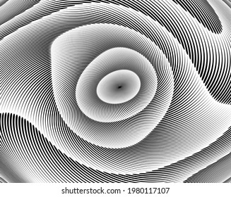 Abstrakte rotierte weiße Linien in Kreisform auf schwarzem Hintergrund. Geometrische Kunst. Design-Element. Digitales Bild mit psychedelischen Streifen. Vektorgrafik