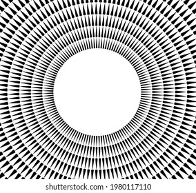 Abstract rotated white lines in circle form on black background. Geometric art. Design element. Digital image with a psychedelic stripes. Vector illustration