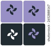 Abstract rotating pinwheel or turbine-style logo design with curved blades, symbolizing motion, energy, and innovation. Modern, minimalist branding icon in four vibrant color variations. Perfect for t