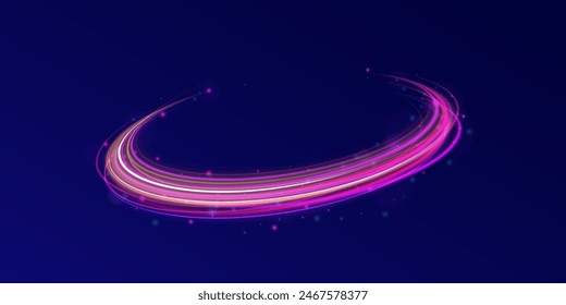 Abstract rotational border lines. Power energy. LED glare tape. Futuristic dynamic motion technology. Neon color glowing lines background, high-speed light trails effect. Purple glowing wave swirl.	