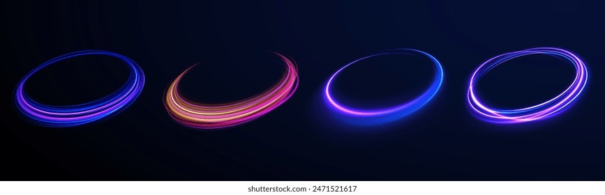 Abstract rotational border lines. Power energy. LED glare tape. Futuristic dynamic motion technology. Neon color glowing lines background, high-speed light trails effect. Purple glowing wave swirl.	