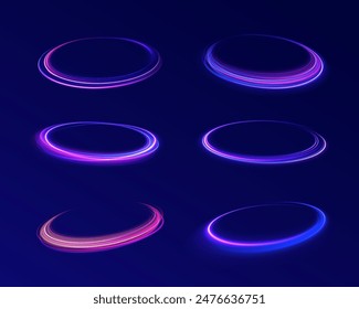Abstract rotational border lines. Power energy. LED glare tape. Futuristic dynamic motion technology. Neon color glowing lines background, high-speed light trails effect. Purple glowing wave swirl.	