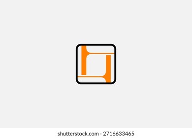 Abstract rotational L logo in orange and black square frame, modern symmetrical branding design motif