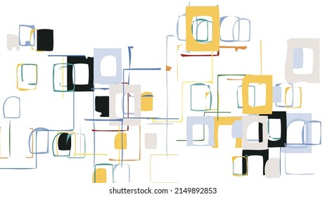 Abstract rough drawn geometric shapes on white background. Artistic overlay vector texture. Bauhaus simple primitive art poster. Mid century style art. A minimalism hipster colored frame design.