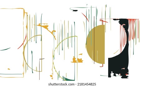 Abstract rough drawn geometric shapes on white background. Artistic overlay vector texture. Bauhaus simple primitive art poster. Mid century style art. A minimalism hipster colored frame design.