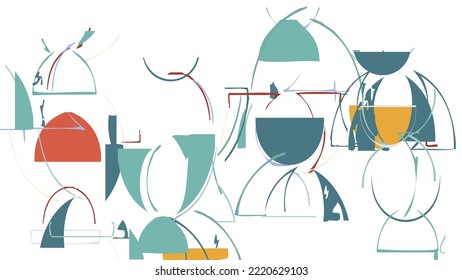 Abstrakte, grob gezeichnete geometrische Formen auf weißem Hintergrund. Künstlerische Overlay-Vektorstruktur. Bauhaus einfaches, primitives Kunstposter. Kunst im Stil des Mittelalters. Ein minimalistisches Hipster-Farbbild.