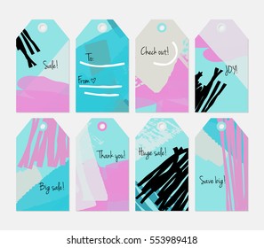 Abstract rough grunge strokes blue purple black tag set.Creative universal gift tags.Hand drawn textures.Ethic tribal design.Ready to print sale labels Isolated on layer.