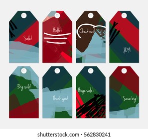 Abstract rough grunge strokes green red blue tag set.Creative universal gift tags.Hand drawn textures.Ethic tribal design.Ready to print sale labels Isolated on layer.