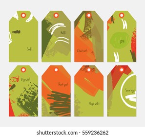 Abstract rough grunge strokes orange green tag set.Creative universal gift tags.Hand drawn textures.Ethic tribal design.Ready to print sale labels Isolated on layer.