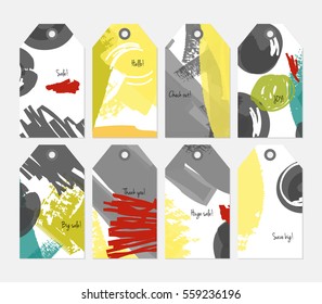 Abstract rough grunge strokes yellow gray white tag set.Creative universal gift tags.Hand drawn textures.Ethic tribal design.Ready to print sale labels Isolated on layer.