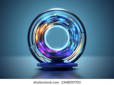 Abstract round 3d blue podium with technology circle glow rings on background. Blue purple light effect. Vector blue wall background mockup for product presentation. Realistic stage showcase scene