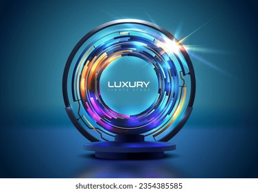 Resumen alrededor del podio azul 3d con anillos de resplandor de círculo tecnológico en el fondo. Efecto de la luz azul púrpura. Modelación de fondo de pared azul vectorial para la presentación del producto. Escenario escénico