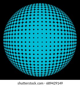 Abstract round 3d blue sphere consisting of dots in form of halftone. Scientific and technical frame illustration. Flat vector cartoon illustration of objects isolated on black background.