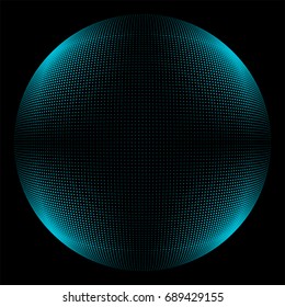 Abstract round 3d blue sphere consisting of dots in form of halftone. Scientific and technical frame illustration. Flat vector cartoon illustration of objects isolated on black background.