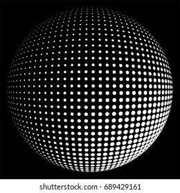Abstract round 3d sphere consisting of dots in form of halftone. Scientific and technical frame illustration. Flat vector cartoon illustration of objects isolated on a white background.
