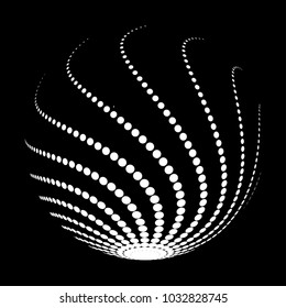 Abstract round 3d white sphere consisting of dots in form of halftone. Scientific and technical frame illustration. Flat cartoon illustration. Objects isolated on a white background.