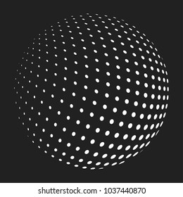 Abstract round 3d white sphere consisting of dots in form of halftone. Scientific and technical frame illustration. Flat cartoon illustration. Objects isolated on a white background.