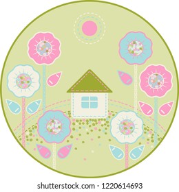 Abstract Round Art with Small House and Big Flowers on Green Background in Embroidery Style Vector Illustration 