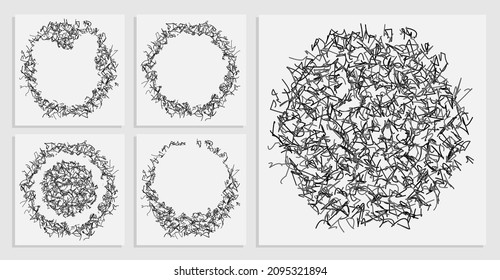 abstract round background from small curved curls. Random children doodles of scribbles. Isolated vector