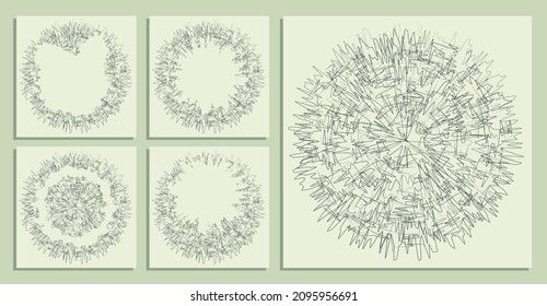 abstract round backgrounds of small hand drawn chaotic lines curves. Random children doodles of scribbles. Isolated vector