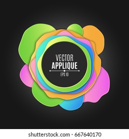 Abstract round banner with blots on a black background. Brochure for your projects. Multicolored waves of paper. Modern design. Vector illustration