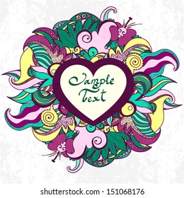 Abstract round banner composed of doodle floral elements
