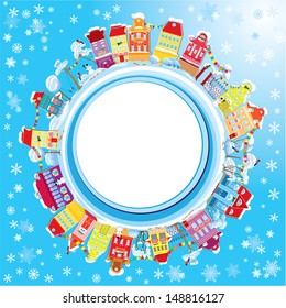 Abstract round banner with small fairy town on light blue sky background  with decorative colorful houses in winter time. Christmas and New Year holidays card. 