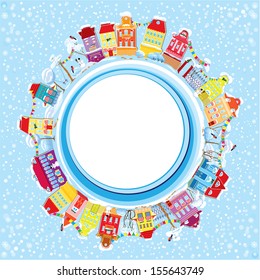 Abstract round banner with small fairy town on light blue sky background with decorative colorful houses in winter time. Christmas and New Year holidays card.