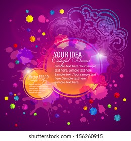 Abstract round banners, flyer (digital art). Grunge texture, colorful drops, stains with floral pattern. Modern art print, contemporary website template, web page. Vector graphic design
