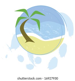 Abstract round beach button vector illustration, with a beach, coconut tree and the ocean. For jpeg version, please see my portfolio.