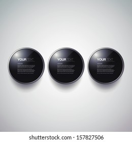 Abstract round black glass button set with metal frame design Eps 10 vector illustration