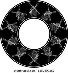  Abstract round black and white decor with hand drawn silhouetted sketches of ancient wind mills.