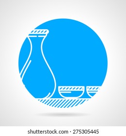 Abstract round  blue vector icon with white line jug and two cups for sake on gray background. 