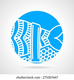 Abstract round blue vector icon with white line nigiri sushi with prawn on gray background.