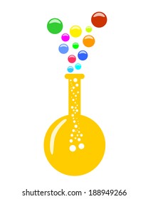 Abstract round bottom chemical flask with vapor, 2D illustration, vector, isolated on white background