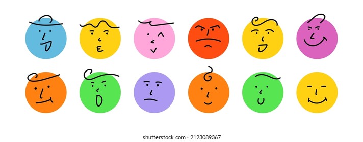 Abstract round cartoon faces character expression design. Hand drawn illustration vector.