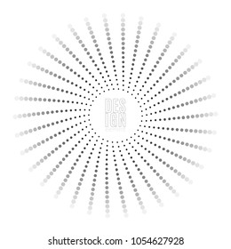 Abstract round circle banner of black dots Element for design with dotted rays in retro grunge style Decorative pattern isolated symbol for creative design advertising logo Vector halftone background