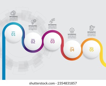 abstract round circle steps timeline infographic element report background with business line icon 5 steps for any business-related presentation or publication vector illustration