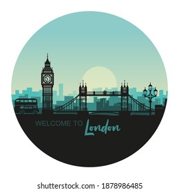 Abstract round cityscape of London with the sights at sunset. Vector illustration