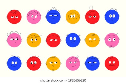Abstract round comic faces. Cartoon funny emotions geometric elements, colorful emoji characters. Vector illustration