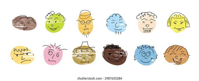 Abstract round comic faces with different emotions of different ages and different nationalities with different hairstyles and headdresses. Fashionable hand-drawn design. Vector illustration