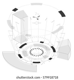 Abstract round composition with circles in isometric perspective. Transparent fill up screen and monitor. Props for filming. Isolated central wheels. Subtle mechanic gears on white. Vector background.