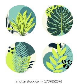 Abstract round compositions of tropical plant palm leaf, geometric figures and animal pattern. Vector illustration.