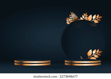 Abstract Round Display for 2 Products on Website: Modern Luxury Background with Black and Gold Scene and Geometric Shape in 3D Rendering. Stock Illustration of Merchandise on Winner