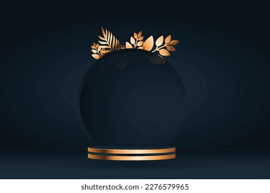 Abstract Round Display for Products on Website: Modern Luxury Background with Black and Gold Glitter Texture Wall Scene and Geometric Shape in 3D Rendering. Stock Illustration of Merchandise on Winner