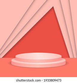 Abstract round display scene for product. Circle podium in pink background to show cosmetic product, shopfront, showcase, display case. Abstract luxury 3d vector stage pedestal or platform.