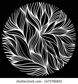 abstract round emblem. white thin curves on black background. elegant rosette