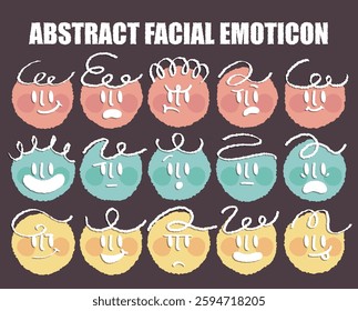 Abstract round face with variety of expression.Collection of facial emoticon with hand drawn style.Modern face emoji.Colorful circle people face.Happy,sad,angry,smile,shock.Line stylish.Cartoon,doodle